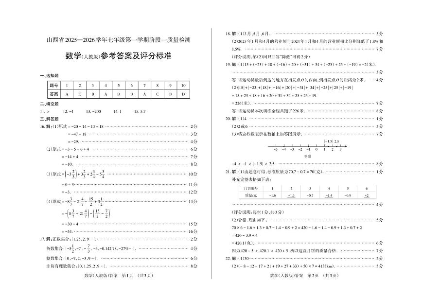七年级数学（人教版）· 答案第1页