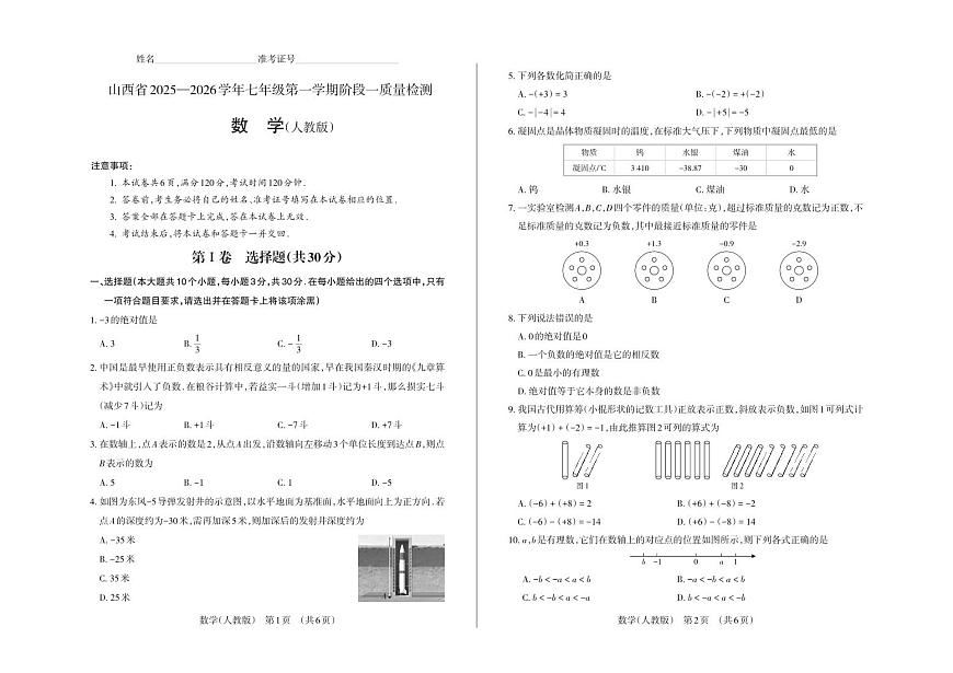 七年级数学（人教版）·试卷第1页