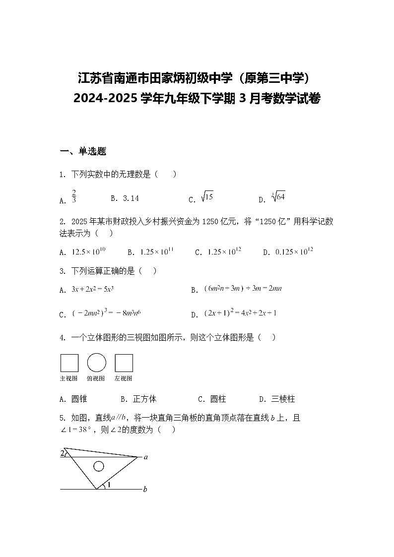 江苏省南通市田家炳初级中学（原第三中学）2024-2025学年九年级下学期3月考数学试卷（含答案解析）第1页