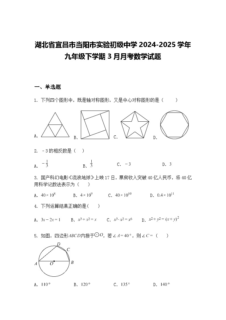 湖北省宜昌市当阳市实验初级中学2024-2025学年九年级下学期3月月考数学试题（含答案解析）第1页