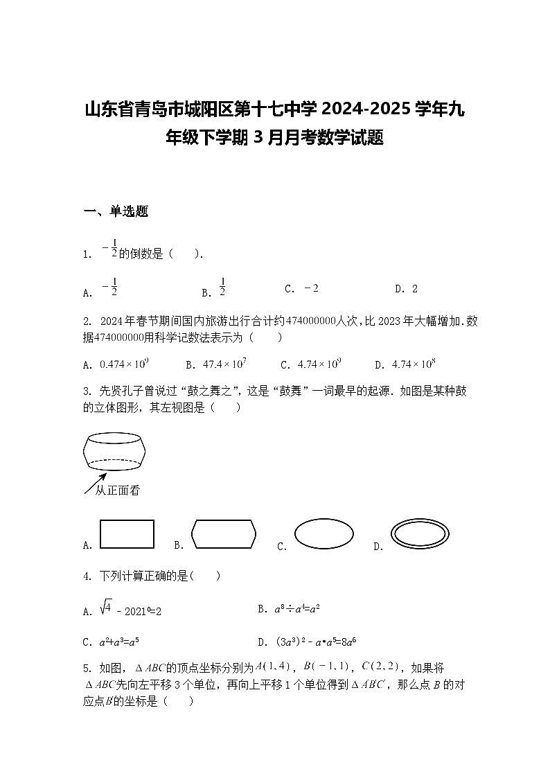 山东省青岛市城阳区第十七中学2024-2025学年九年级下学期3月月考数学试题（含答案解析）第1页