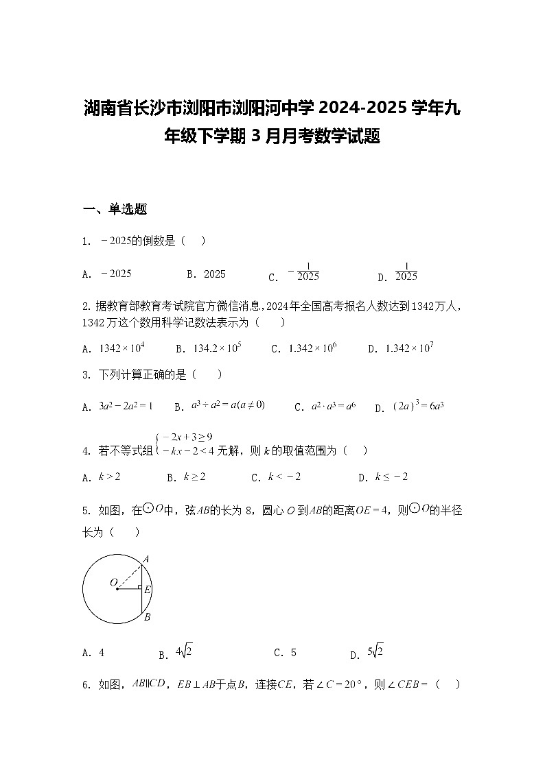 湖南省长沙市浏阳市浏阳河中学2024-2025学年九年级下学期3月月考数学试题（含答案解析）第1页