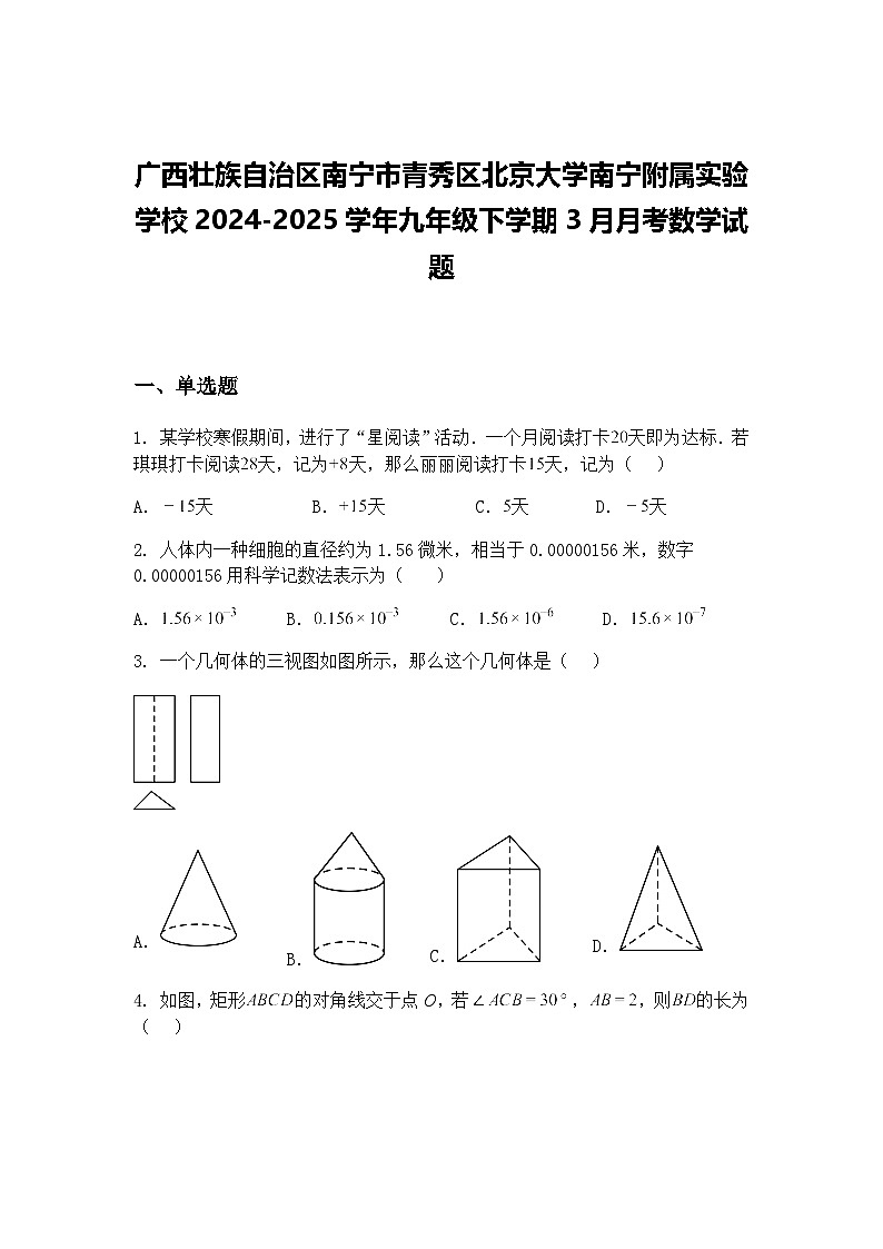 广西壮族自治区南宁市青秀区北京大学南宁附属实验学校2024-2025学年九年级下学期3月月考数学试题（含答案解析）第1页