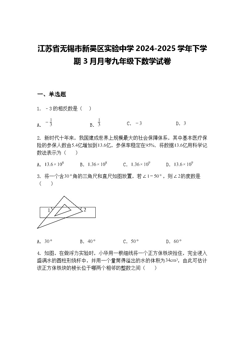 江苏省无锡市新吴区实验中学2024-2025学年下学期3月月考九年级下数学试卷（含答案解析）第1页