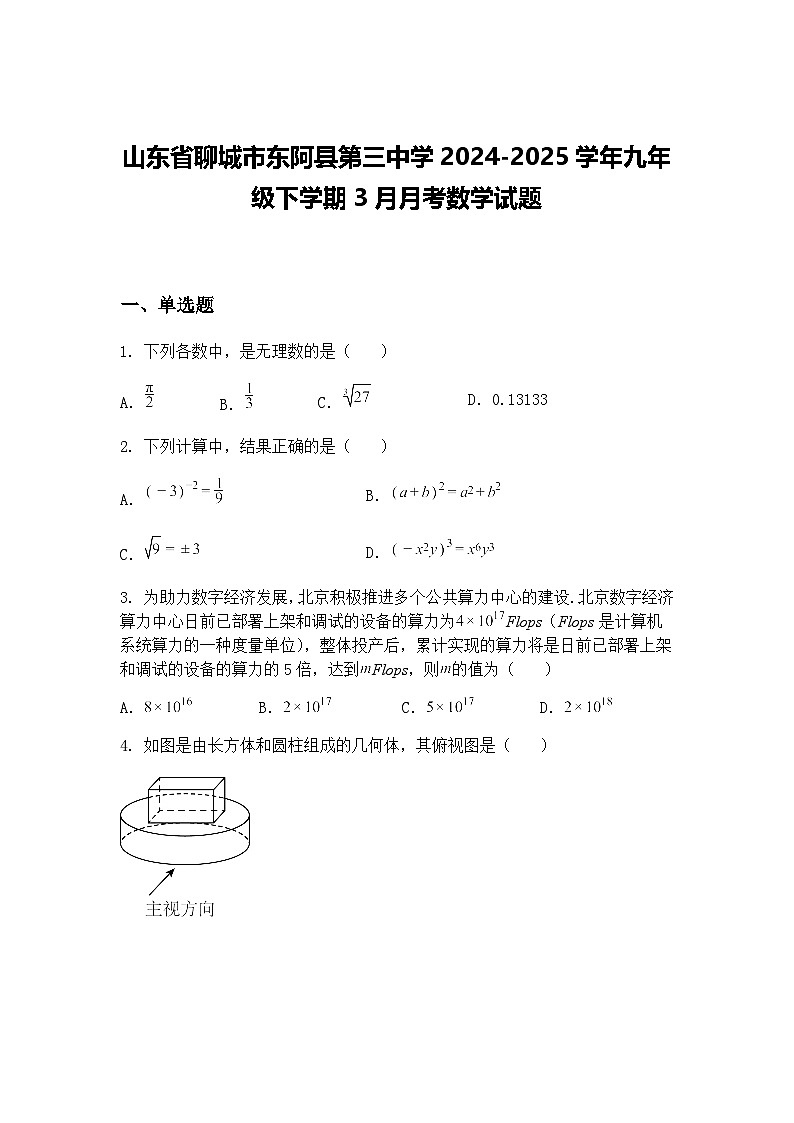 山东省聊城市东阿县第三中学2024-2025学年九年级下学期3月月考数学试题（含答案解析）第1页