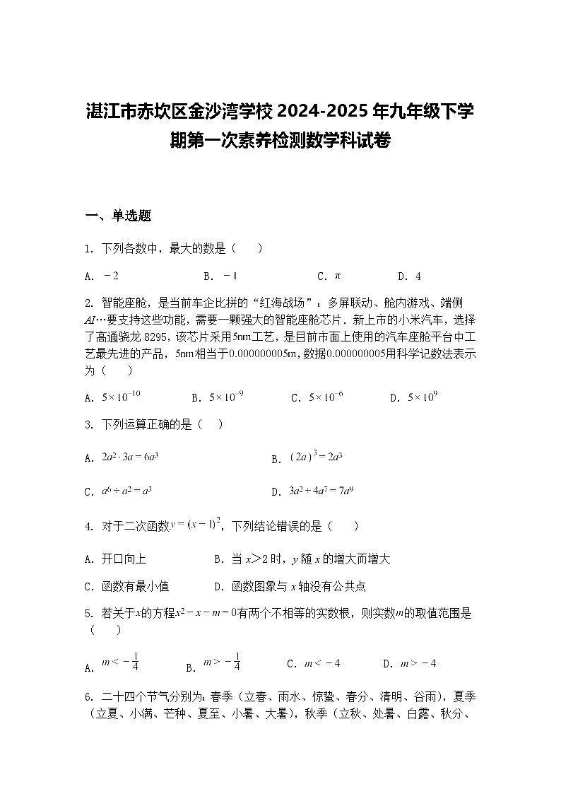 湛江市赤坎区金沙湾学校2024-2025年九年级下学期第一次素养检测数学科试卷（含答案解析）第1页
