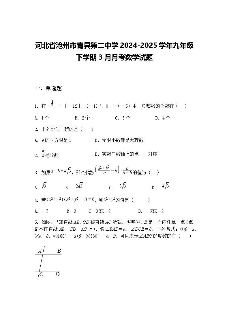 河北省沧州市青县第二中学2024-2025学年九年级下学期3月月考数学试题（含答案解析）第1页