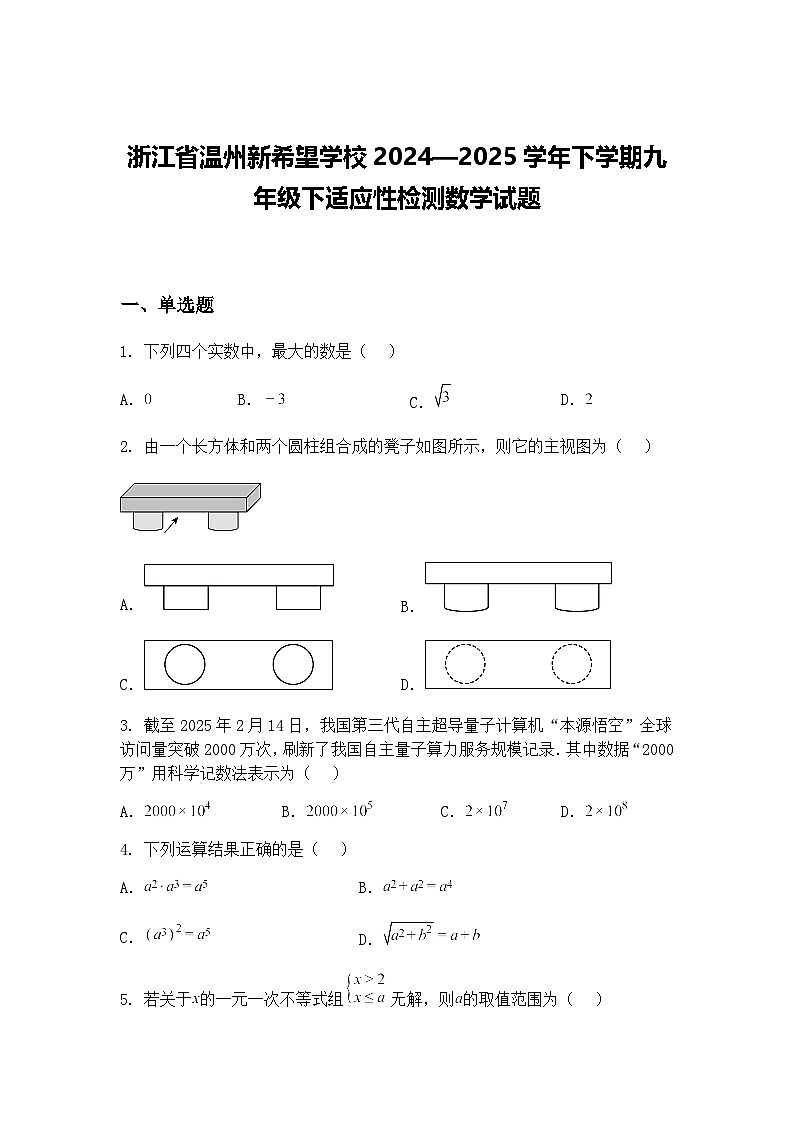 浙江省温州新希望学校2024—2025学年下学期九年级下适应性检测数学试题（含答案解析）第1页