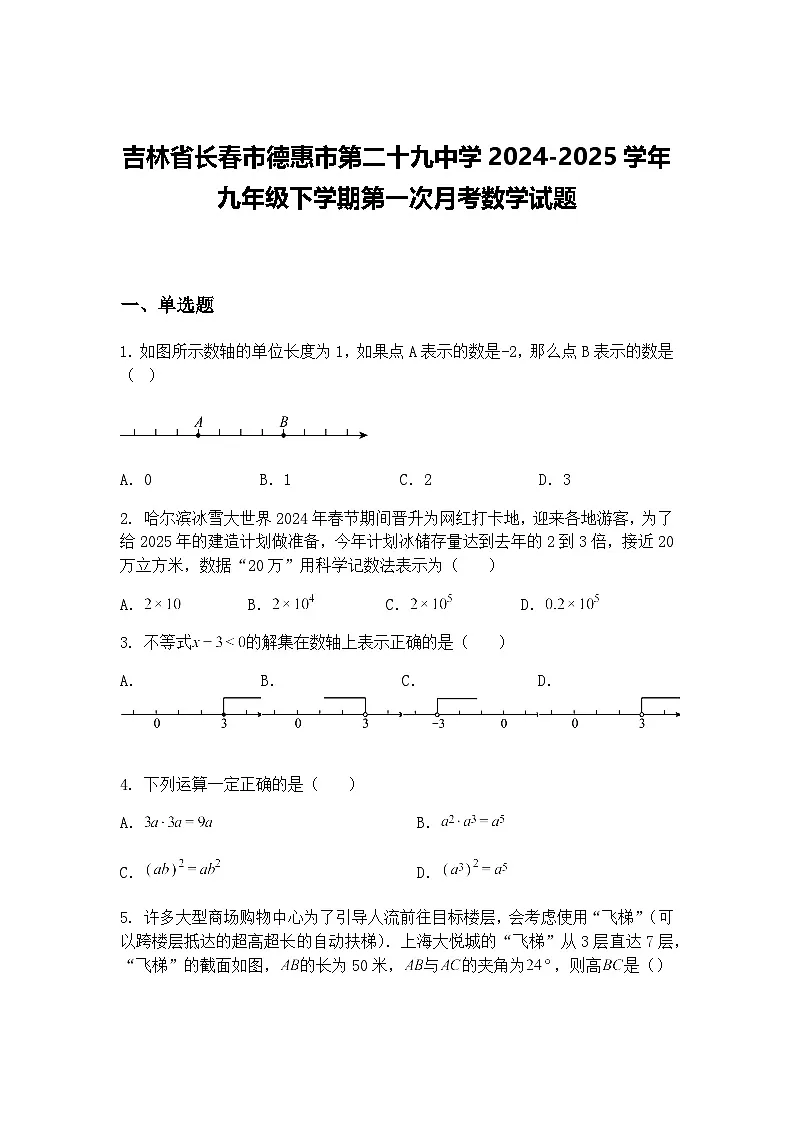 吉林省长春市德惠市第二十九中学2024-2025学年九年级下学期第一次月考数学试题（含答案解析）第1页
