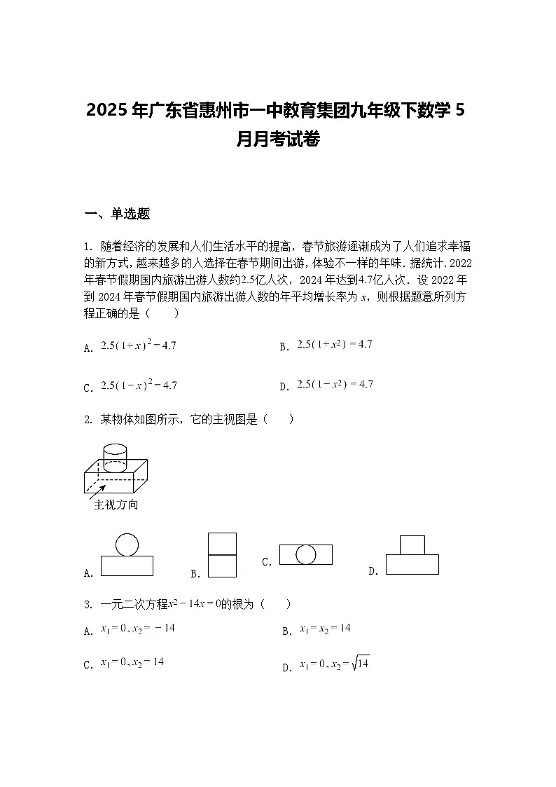 2025年广东省惠州市一中教育集团九年级下数学5月月考试卷（含答案解析）第1页