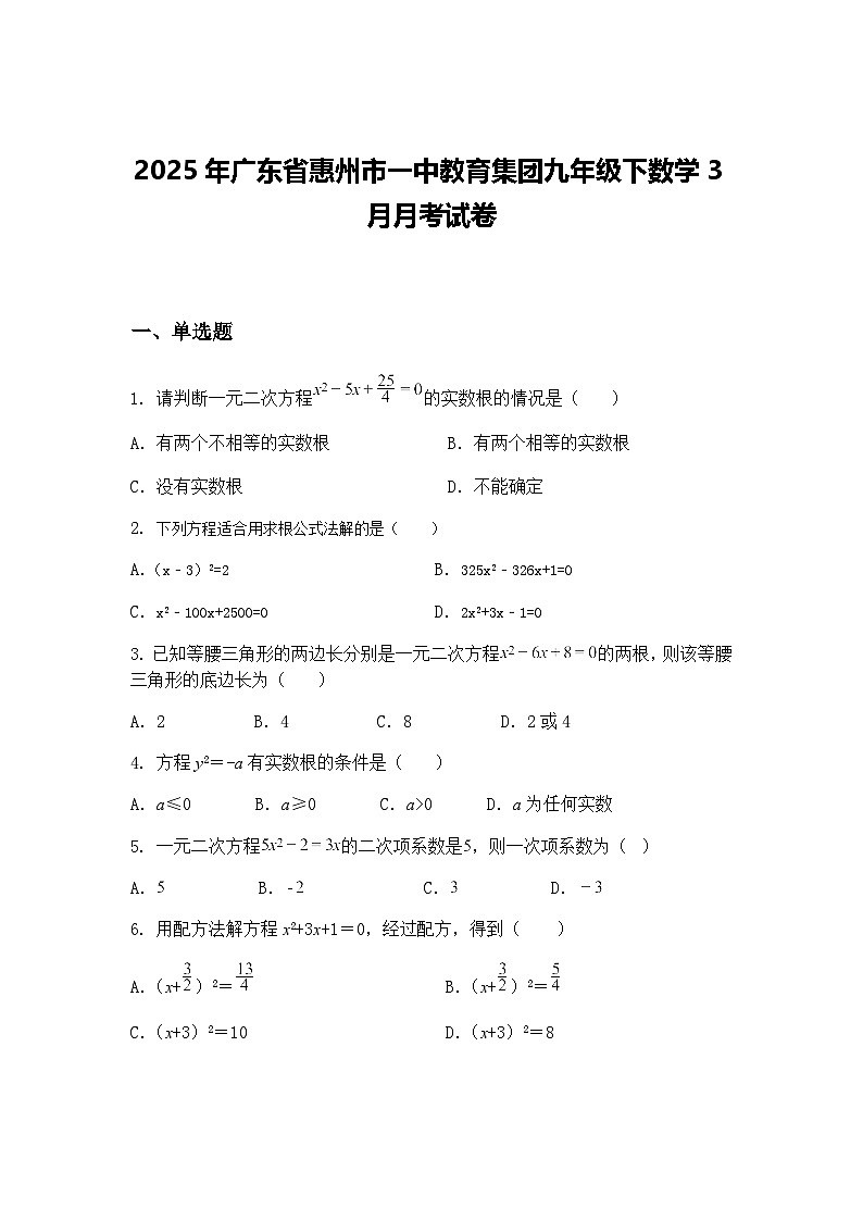 2025年广东省惠州市一中教育集团九年级下数学3月月考试卷（含答案解析）第1页