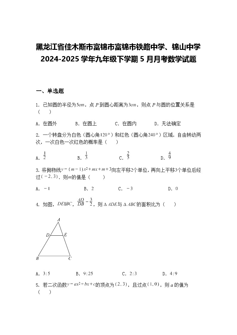 黑龙江省佳木斯市富锦市富锦市铁路中学、锦山中学2024-2025学年九年级下学期5月月考数学试题（含答案解析）第1页
