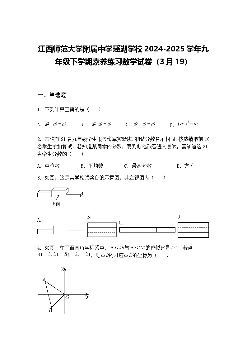 江西师范大学附属中学瑶湖学校2024-2025学年九年级下学期素养练习数学试卷（3月19）（含答案解析）第1页