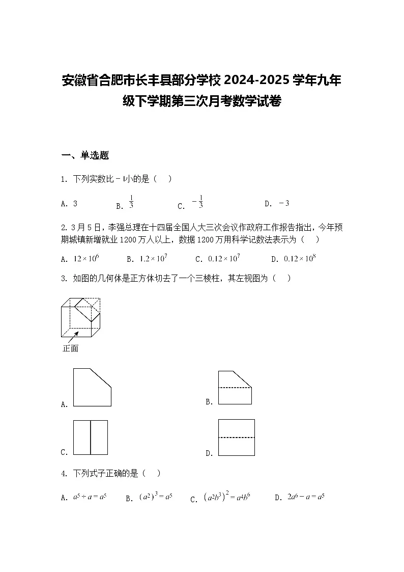 安徽省合肥市长丰县部分学校2024-2025学年九年级下学期第三次月考数学试卷（含答案解析）第1页