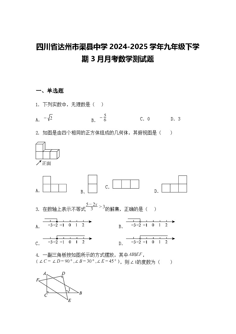四川省达州市渠县中学2024-2025学年九年级下学期3月月考数学测试题（含答案解析）第1页