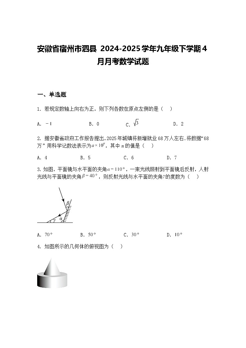 安徽省宿州市泗县 2024-2025学年九年级下学期4月月考数学试题（含答案解析）第1页