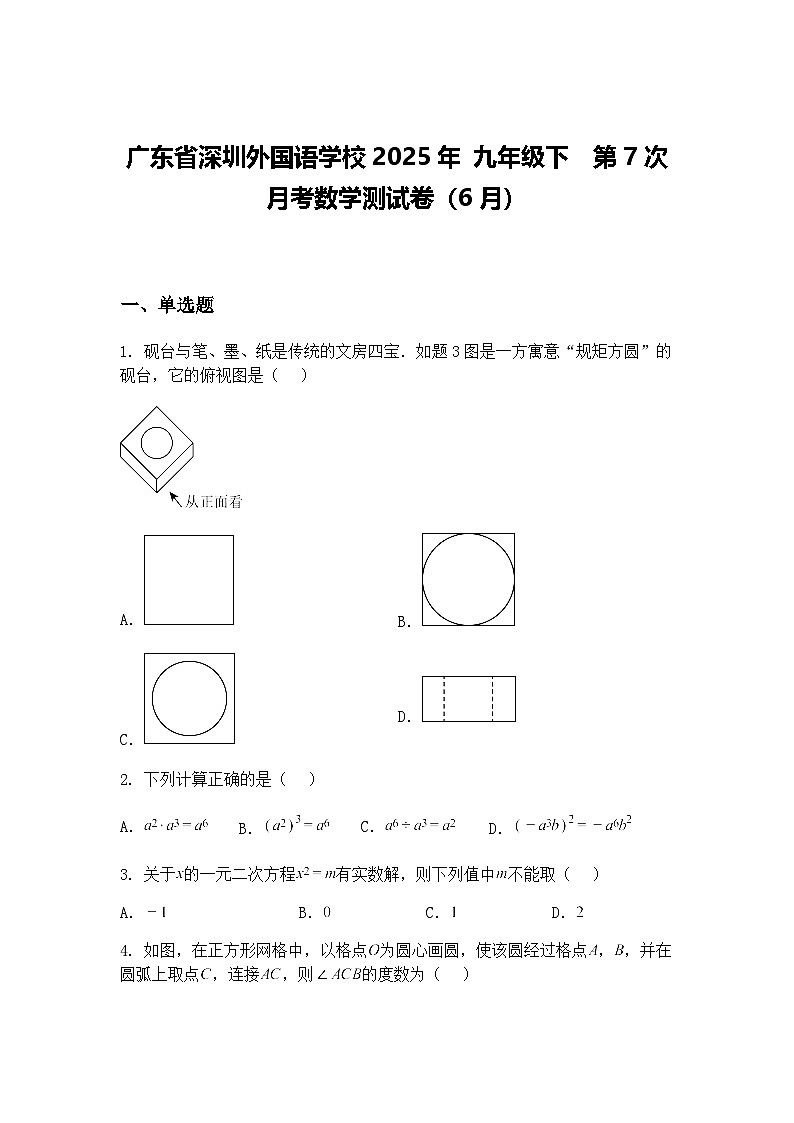 广东省深圳外国语学校2025年 九年级下  第7次月考数学测试卷（6月）（含答案解析）第1页
