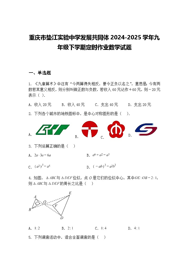 重庆市垫江实验中学发展共同体2024-2025学年九年级下学期定时作业数学试题（含答案解析）第1页