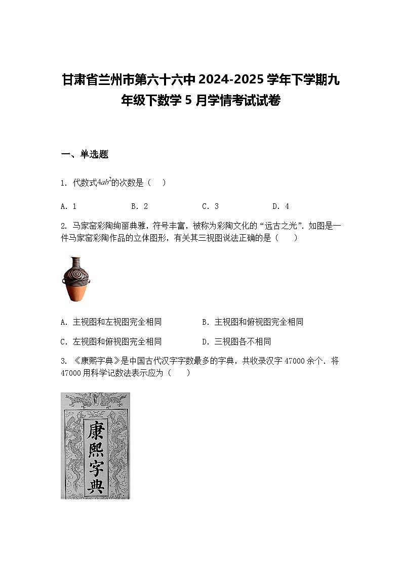 甘肃省兰州市第六十六中2024-2025学年下学期九年级下数学5月学情考试试卷（含答案解析）第1页