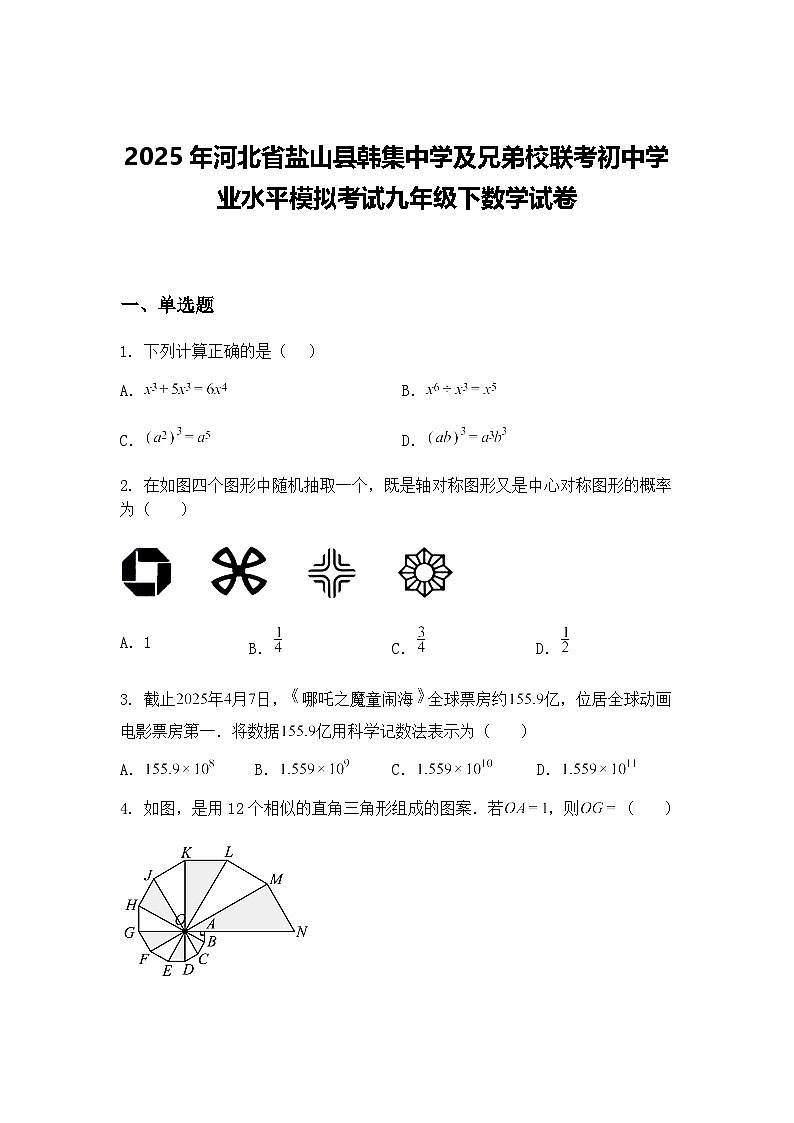 2025年河北省盐山县韩集中学及兄弟校联考初中学业水平模拟考试九年级下数学试卷（含答案解析）第1页