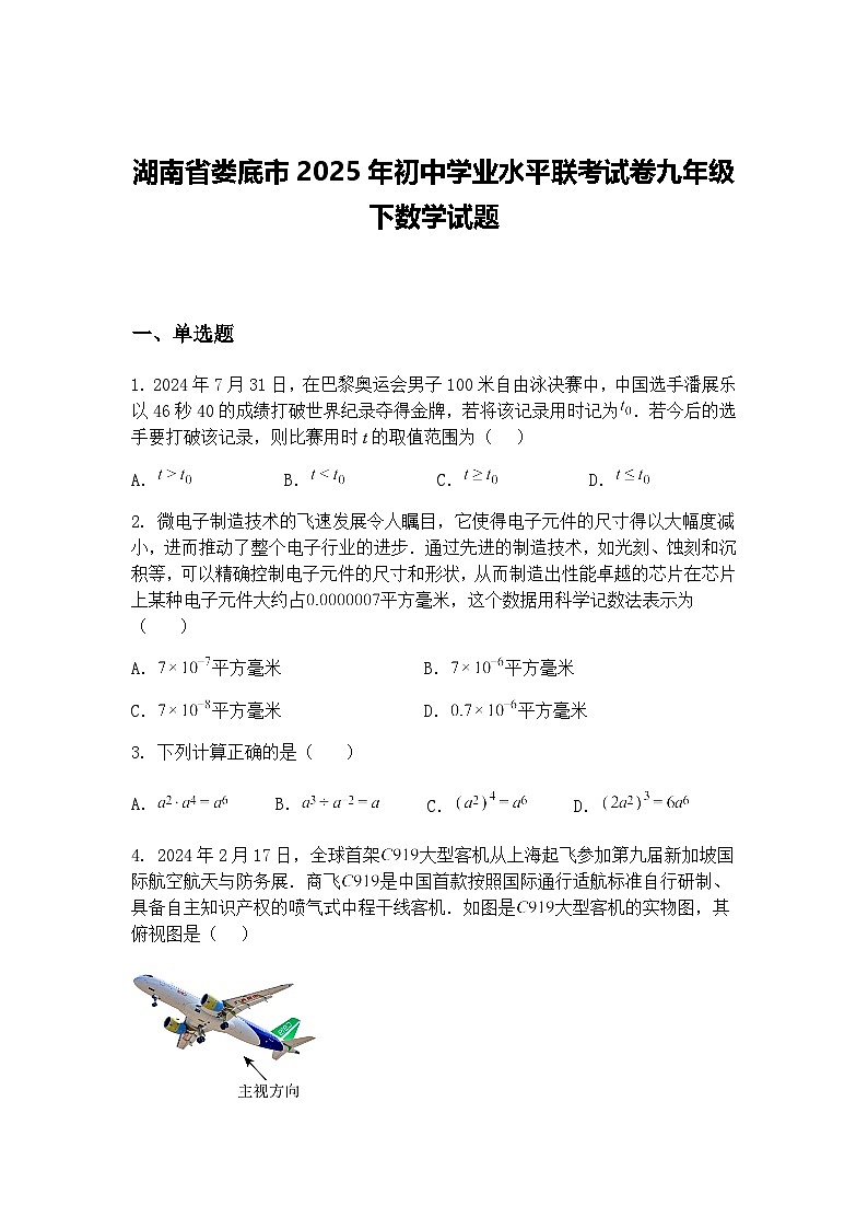 湖南省娄底市2025年初中学业水平联考试卷九年级下数学试题（含答案解析）第1页