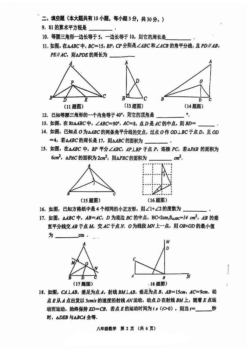 江苏省宿迁市沭阳县怀文中学2025-2026学年八年级上学期10月月考数学试卷第2页