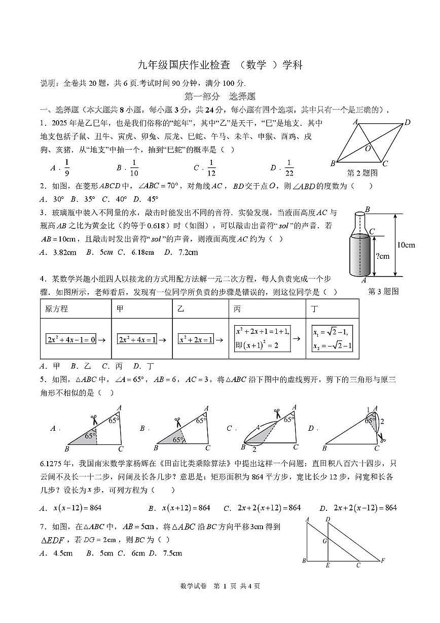广东省深圳市深圳中学龙岗学校2025-2026学年九年级上学期10月月考数学试卷第1页