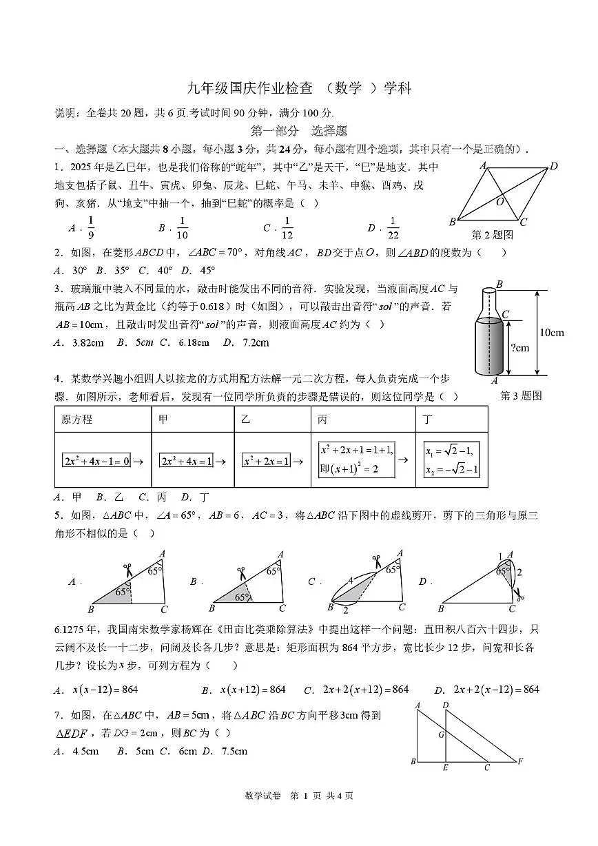 广东省深圳市深圳中学龙岗学校2025-2026学年九年级上学期10月月考数学试卷第1页