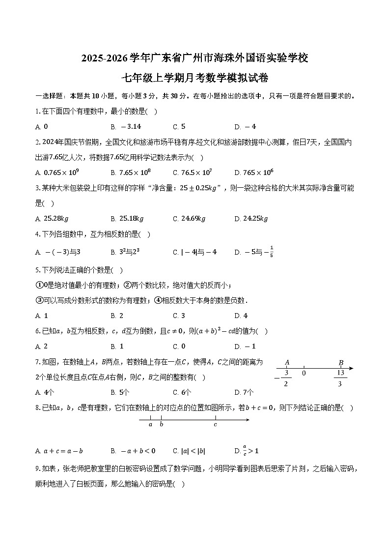 2025-2026学年广东省广州市海珠外国语实验学校七年级上学期月考数学模拟试卷-学生用卷第1页