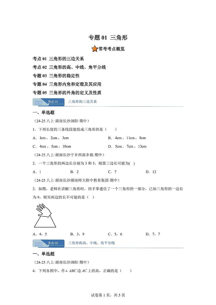 专题01三角形（期中真题 长沙专用）八年级数学上册人教版2024（含答案）第1页