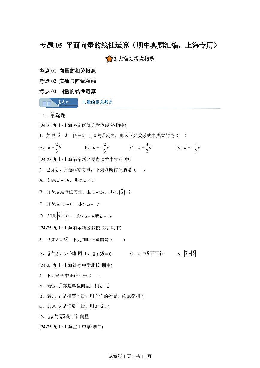 专题05平面向量的线性运算（期中真题 上海专用）九年级数学上册（沪教版上海）含答案第1页