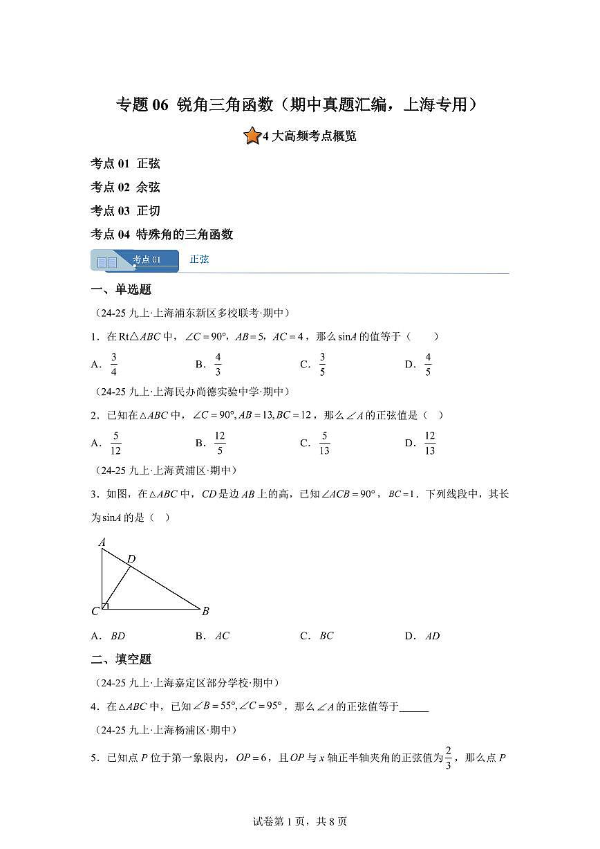 专题06锐角三角函数（期中真题 上海专用）九年级数学上册（沪教版上海）含答案第1页