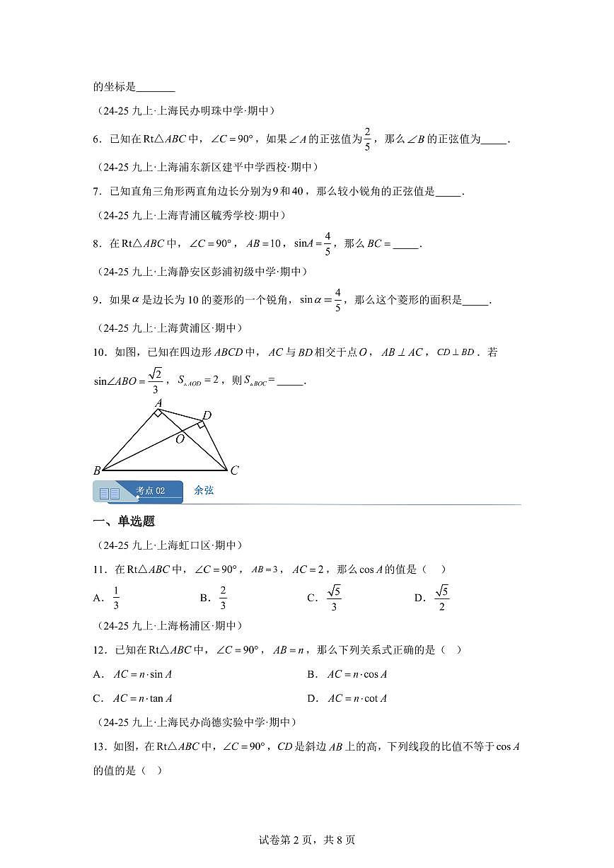 专题06锐角三角函数（期中真题 上海专用）九年级数学上册（沪教版上海）含答案第2页