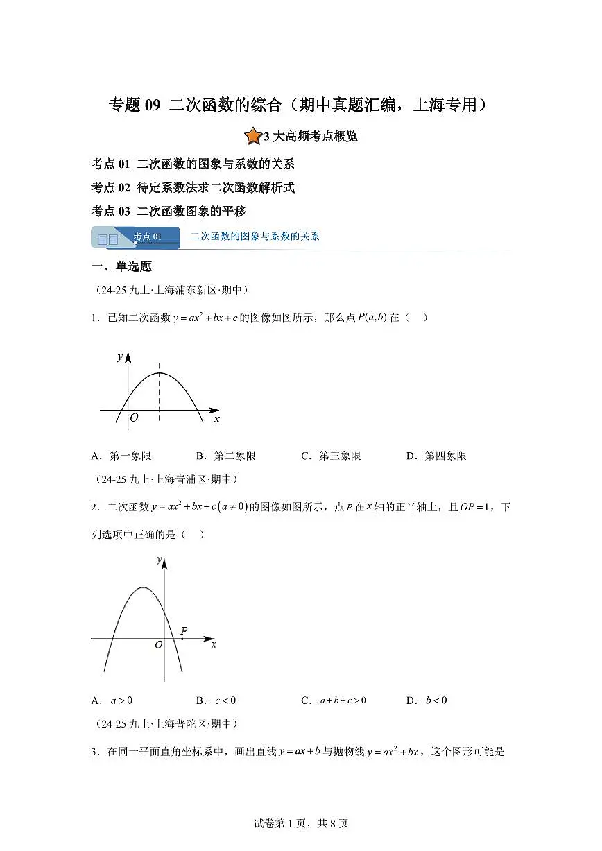 专题09二次函数的综合（期中真题 上海专用）九年级数学上册（沪教版上海）含答案第1页