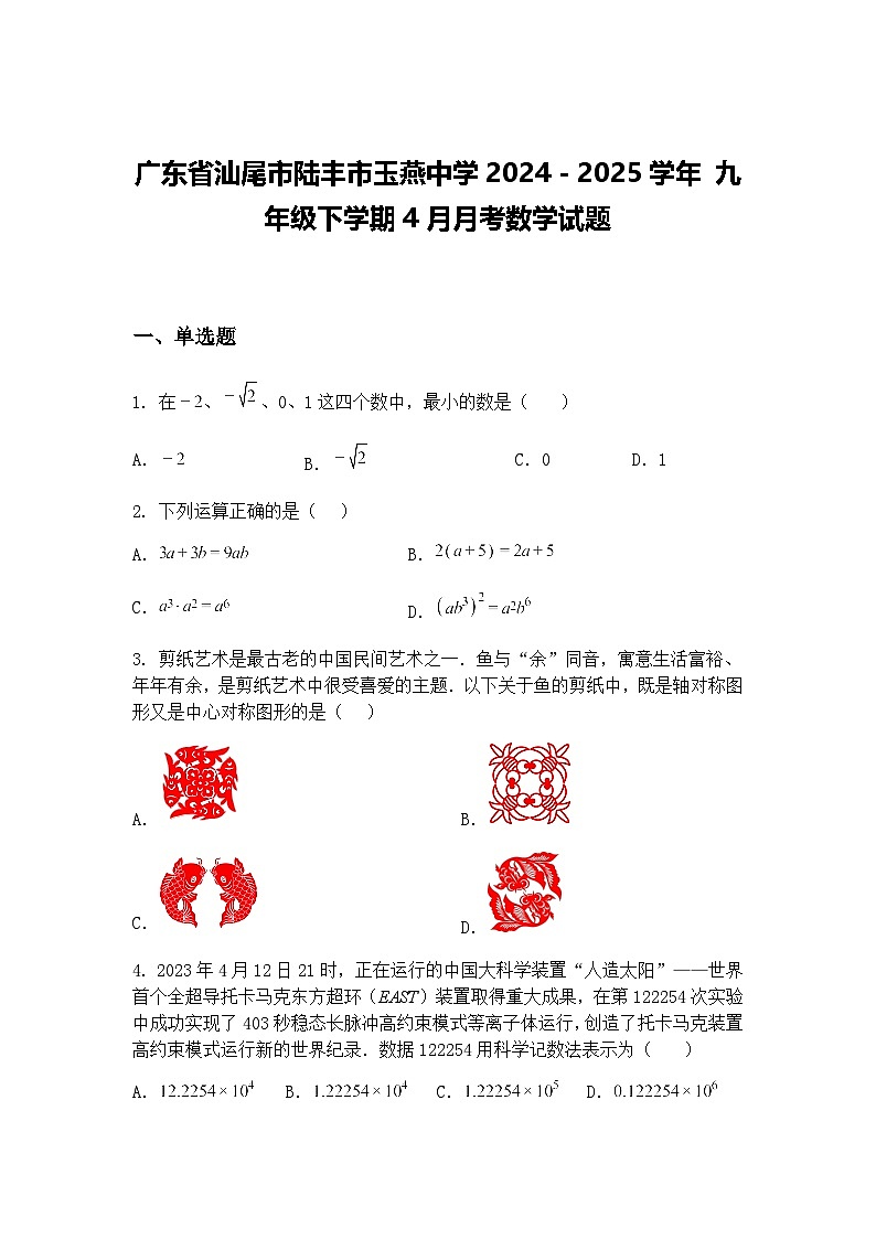 广东省汕尾市陆丰市玉燕中学2024－2025学年 九年级下学期4月月考数学试题（含答案解析）第1页