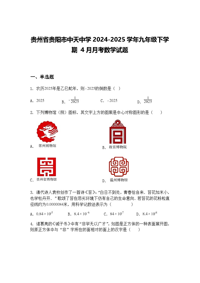 贵州省贵阳市中天中学2024-2025学年九年级下学期 4月月考数学试题（含答案解析）第1页