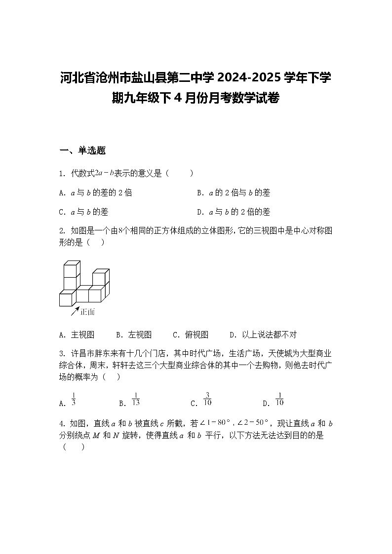 河北省沧州市盐山县第二中学2024-2025学年下学期九年级下4月份月考数学试卷（含答案解析）第1页