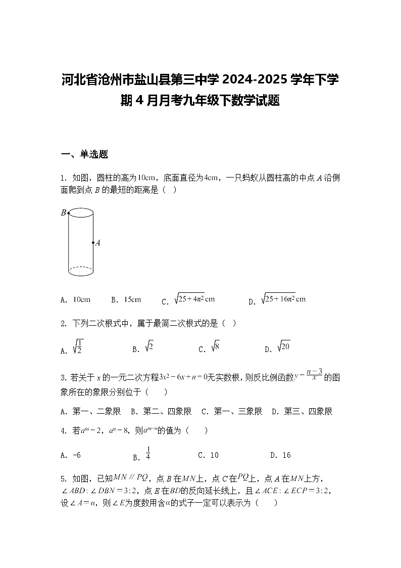 河北省沧州市盐山县第三中学2024-2025学年下学期4月月考九年级下数学试题（含答案解析）第1页
