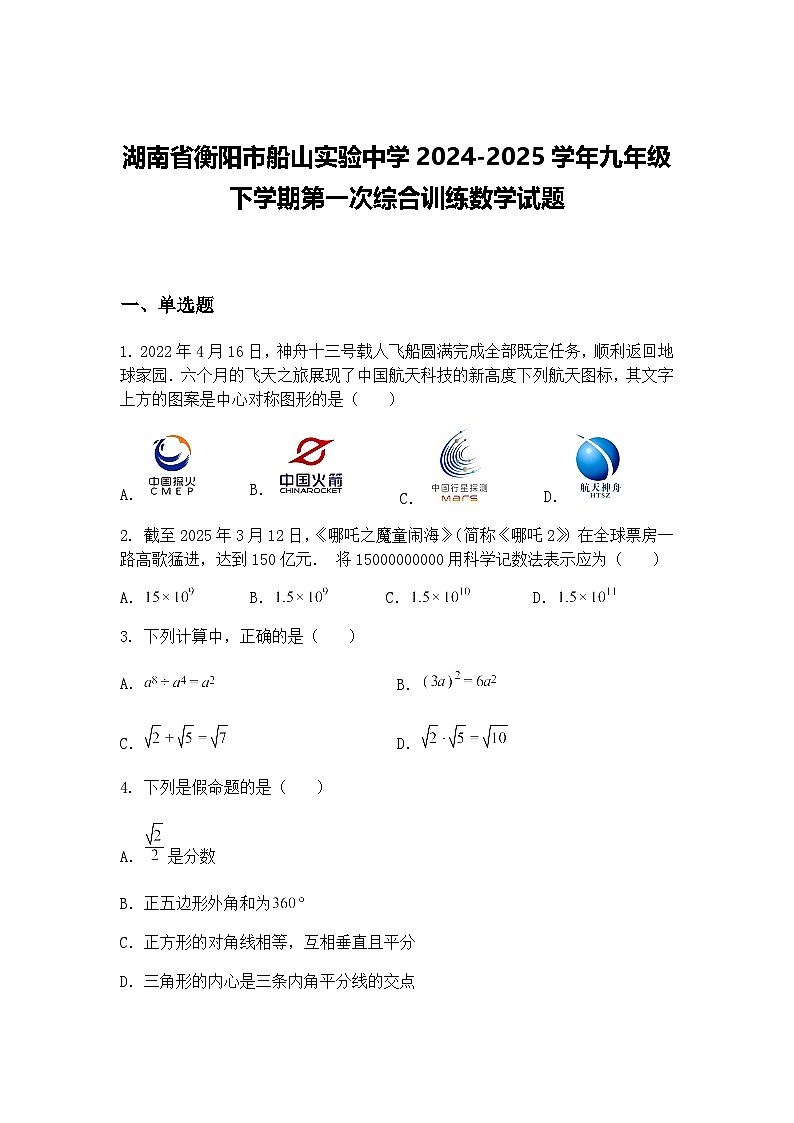 湖南省衡阳市船山实验中学2024-2025学年九年级下学期第一次综合训练数学试题（含答案解析）第1页