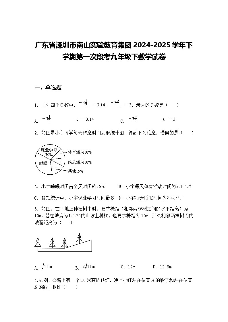 广东省深圳市南山实验教育集团2024-2025学年下学期第一次段考九年级下数学试卷（含答案解析）第1页