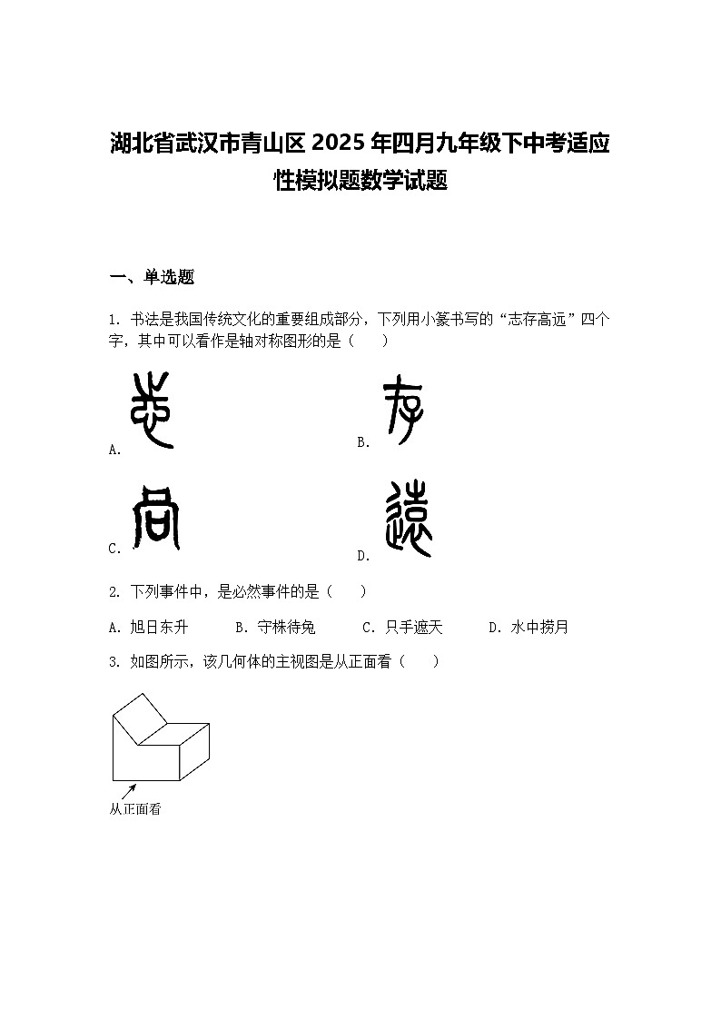 湖北省武汉市青山区2025年四月九年级下中考适应性模拟题数学试题（含答案解析）第1页