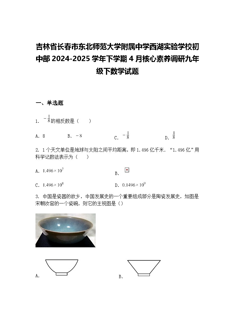 吉林省长春市东北师范大学附属中学西湖实验学校初中部2024-2025学年下学期4月核心素养调研九年级下数学试题（含答案解析）第1页