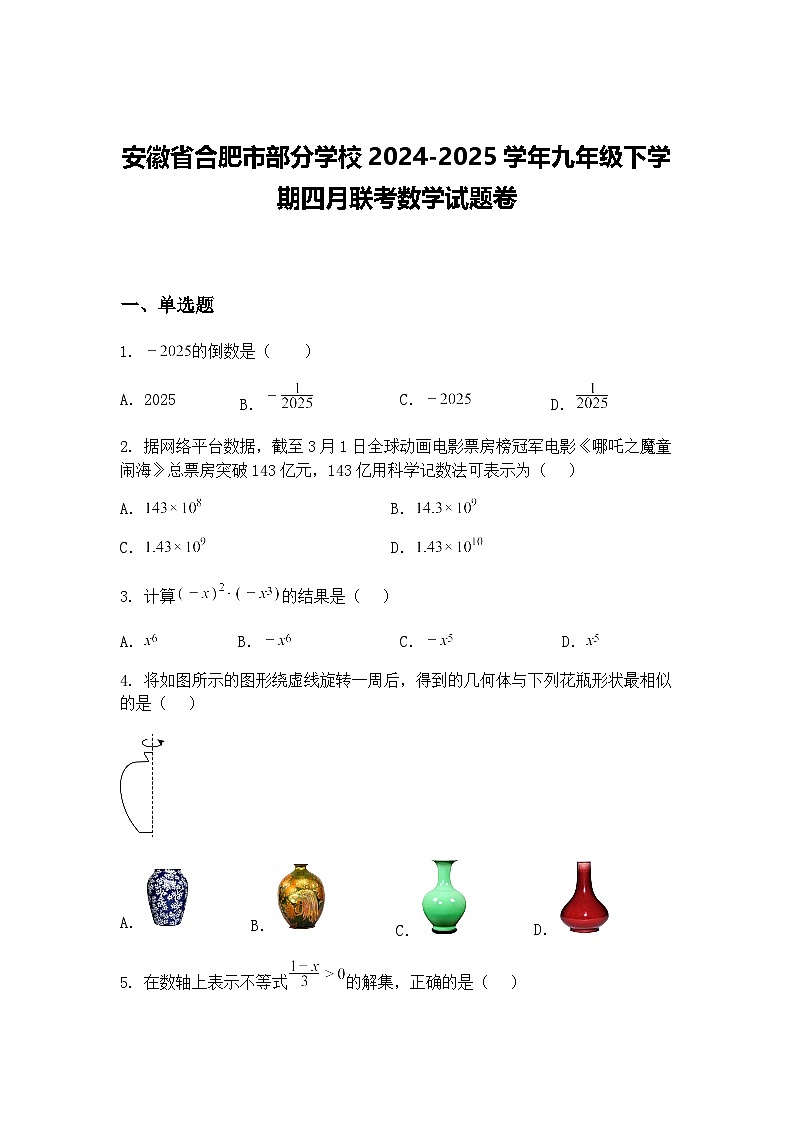 安徽省合肥市部分学校2024-2025学年九年级下学期四月联考数学试题卷（含答案解析）第1页