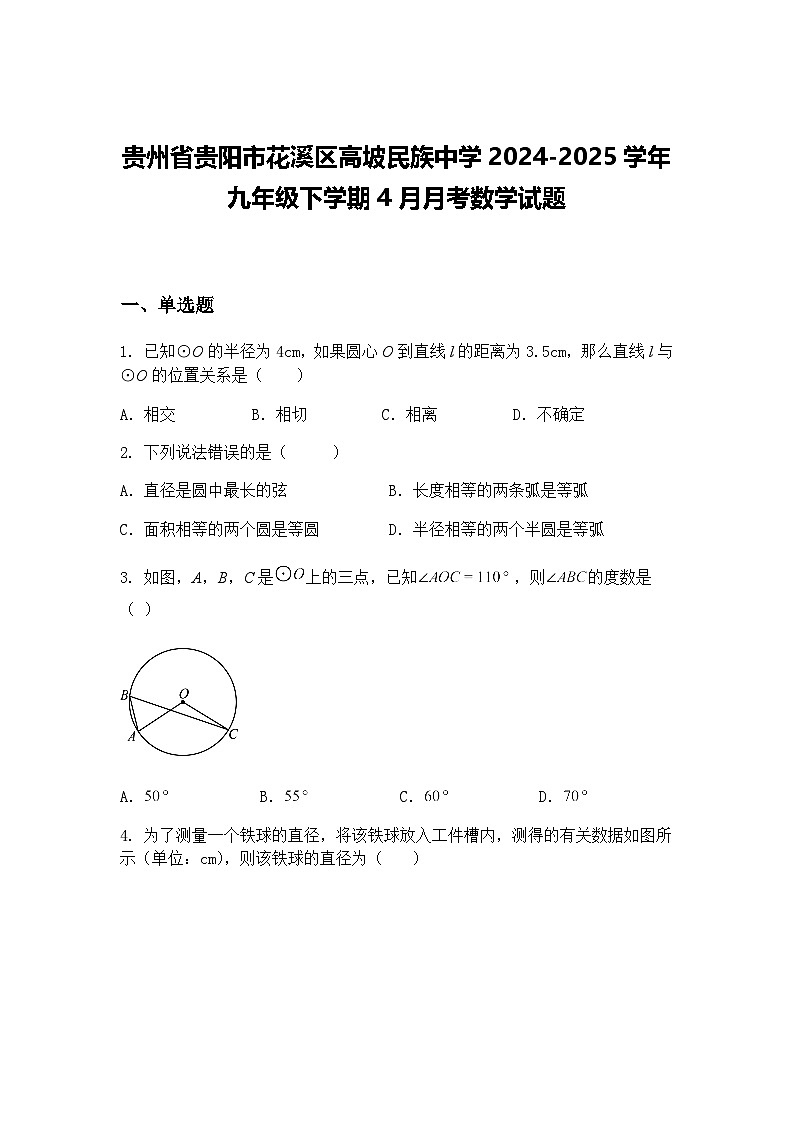 贵州省贵阳市花溪区高坡民族中学2024-2025学年九年级下学期4月月考数学试题（含答案解析）第1页