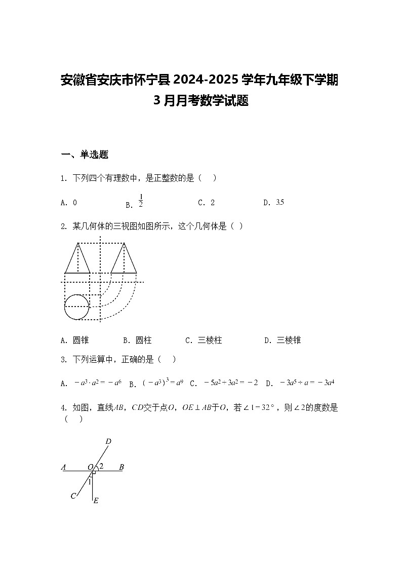 安徽省安庆市怀宁县2024-2025学年九年级下学期3月月考数学试题（含答案解析）第1页