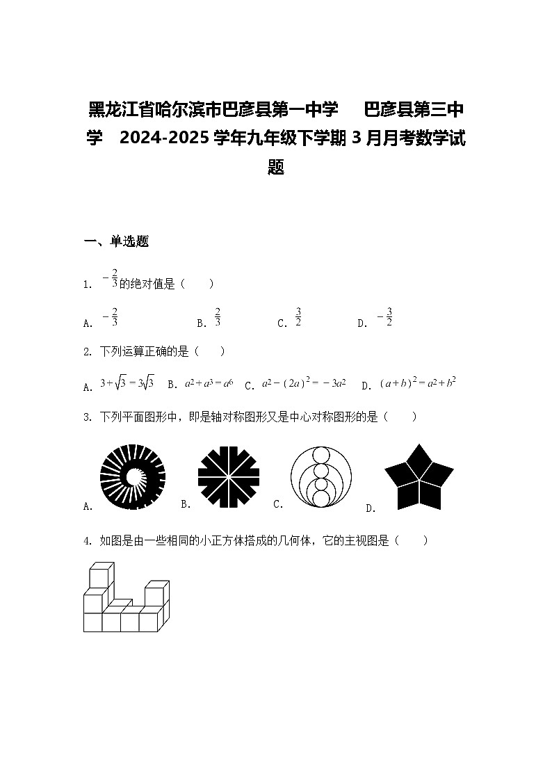 黑龙江省哈尔滨市巴彦县第一中学　 巴彦县第三中学  2024-2025学年九年级下学期3月月考数学试题（含答案解析）第1页