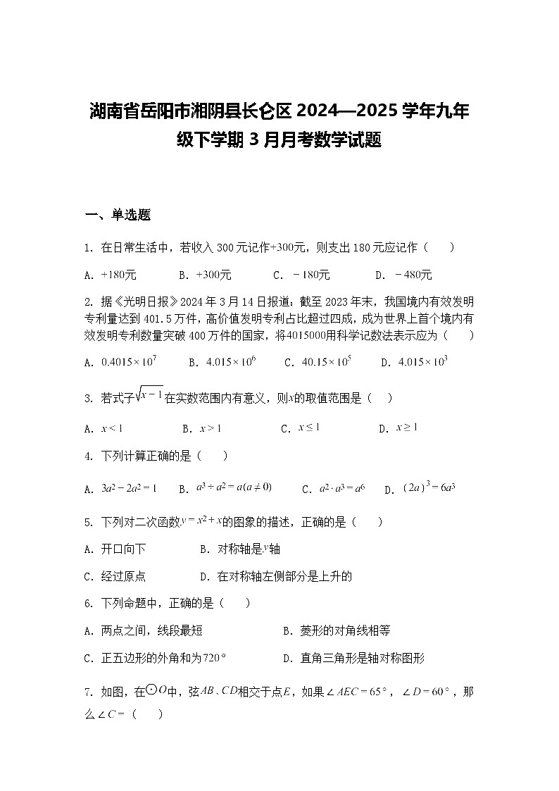 湖南省岳阳市湘阴县长仑区2024—2025学年九年级下学期3月月考数学试题（含答案解析）第1页