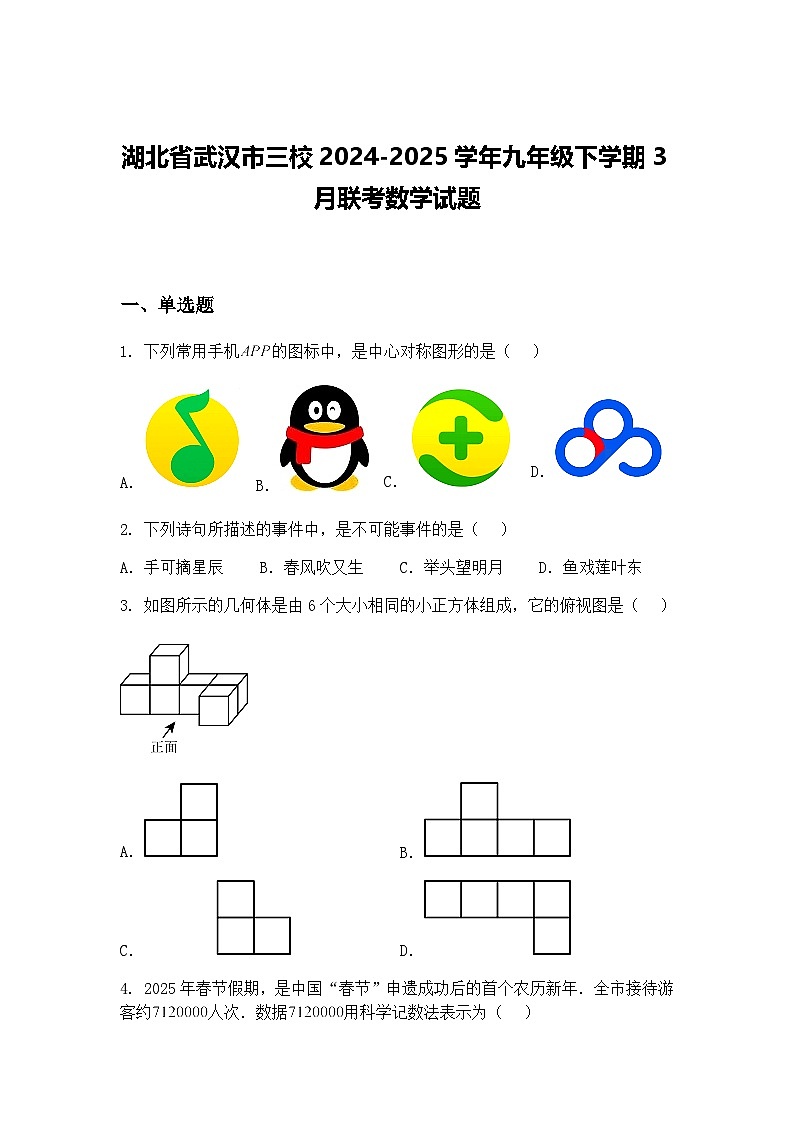 湖北省武汉市三校2024-2025学年九年级下学期3月联考数学试题（含答案解析）第1页