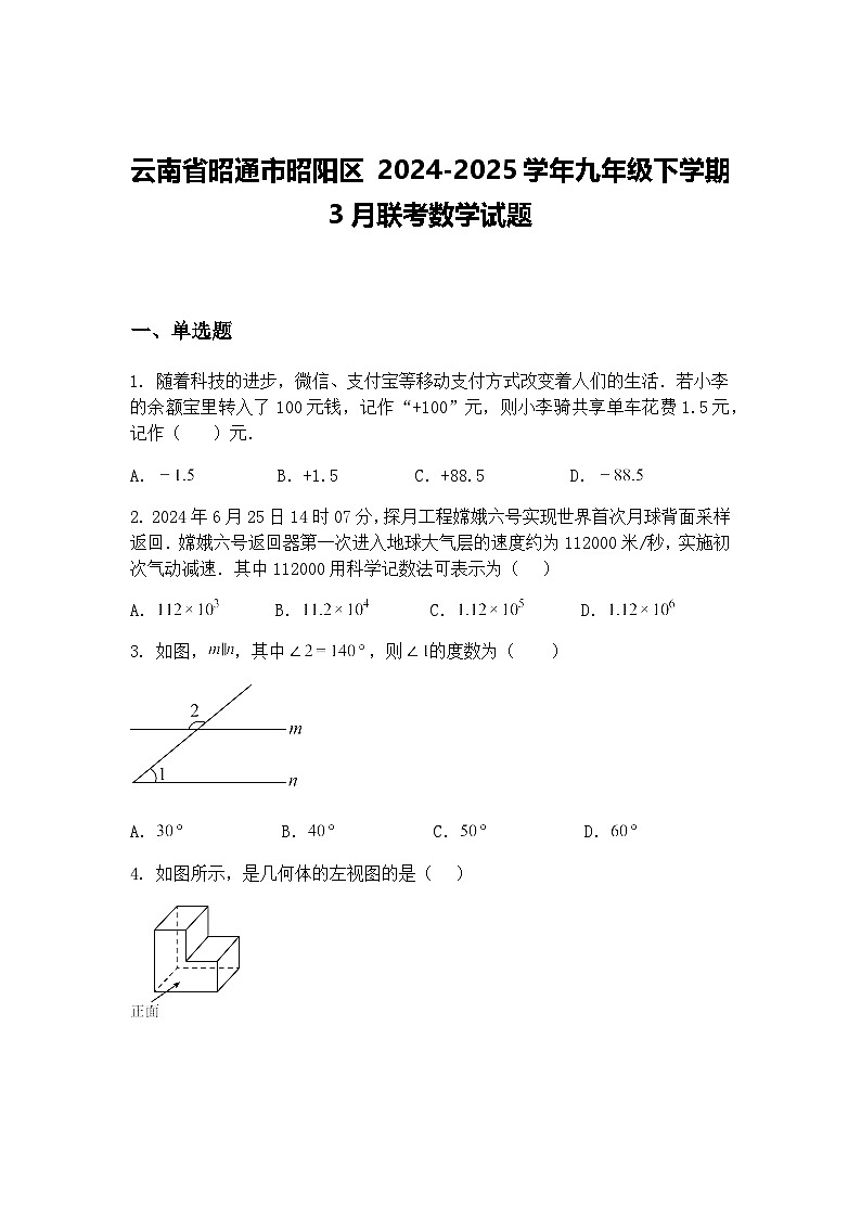 云南省昭通市昭阳区 2024-2025学年九年级下学期3月联考数学试题（含答案解析）第1页