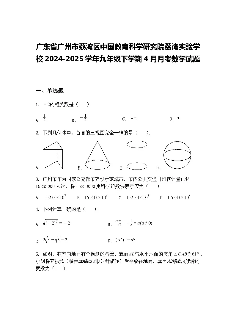 广东省广州市荔湾区中国教育科学研究院荔湾实验学校2024-2025学年九年级下学期4月月考数学试题（含答案解析）第1页